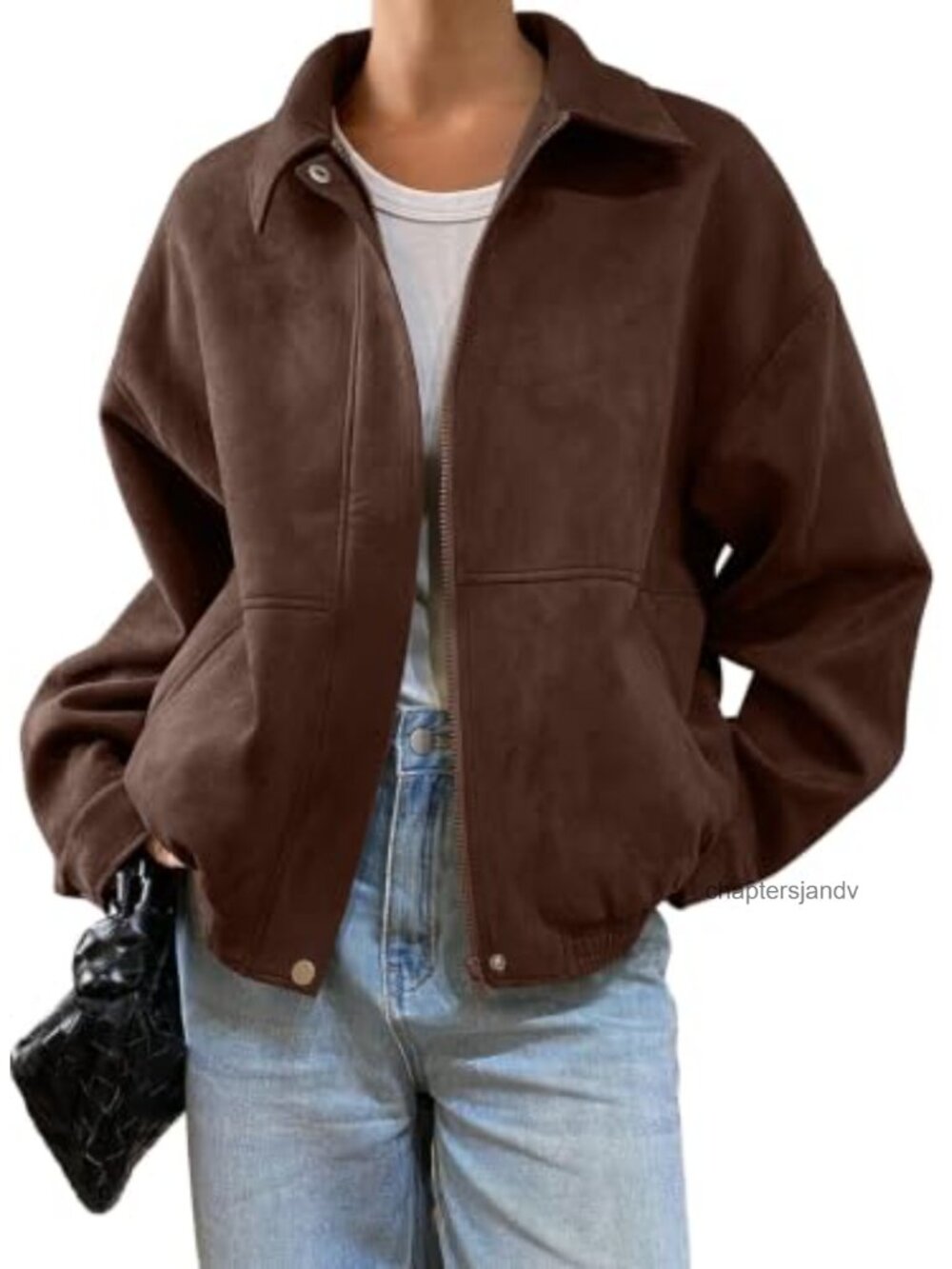 Faux Suede Bomber Jacket Oversized Zip Up Cropped Coat